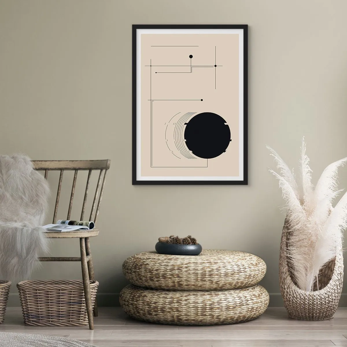 Plakat w czarnej ramie - Minimalistyczna kompozycja geometryczna na beżowym tle - 50x70cm - Sprężysta i dynamiczna kompozycja - Nowoczesna dekoracja ścienna do salonu i sypialni ARTTOR