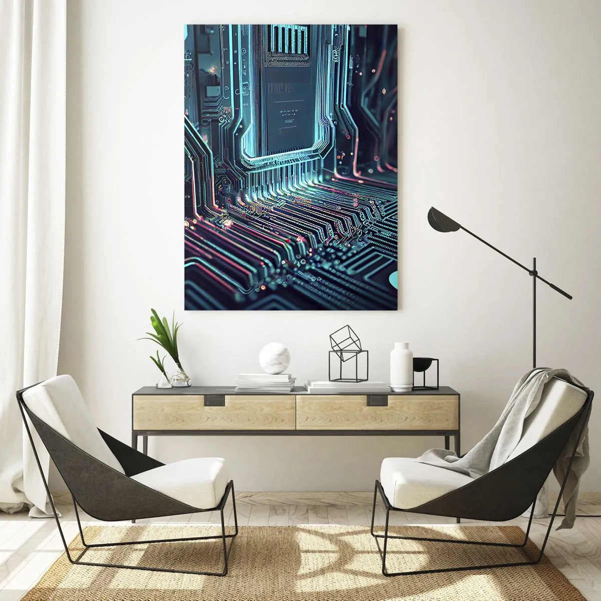Obraz na szkle - Neonowa wizualizacja ścieżek procesora na czarnym tle - 50x70cm - Tak sobie myślę… - Nowoczesna dekoracja ścienna do salonu, kuchni i sypialni ARTTOR