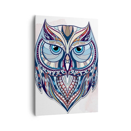 Obraz na płótnie - Abstrakcyjna sowa z geometrycznymi wzorami w odcieniach niebieskiego - 50x70cm - Kunsztowna sowa ornamentowa - Nowoczesna dekoracja ścienna do salonu, kuchni i sypialni ARTTOR