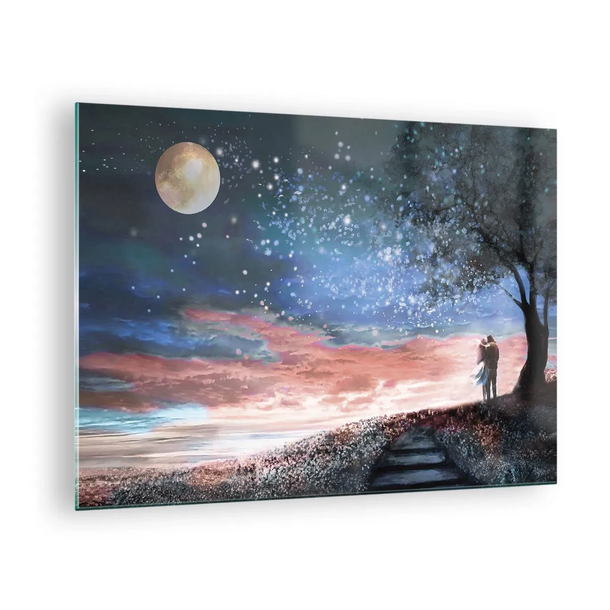 Obraz na szkle - Zakochana para pod drzewem przy księżycu i gwiazdach - 70x50cm - Gwiaździsty spektakl - Nowoczesna dekoracja ścienna do salonu i sypialni ARTTOR