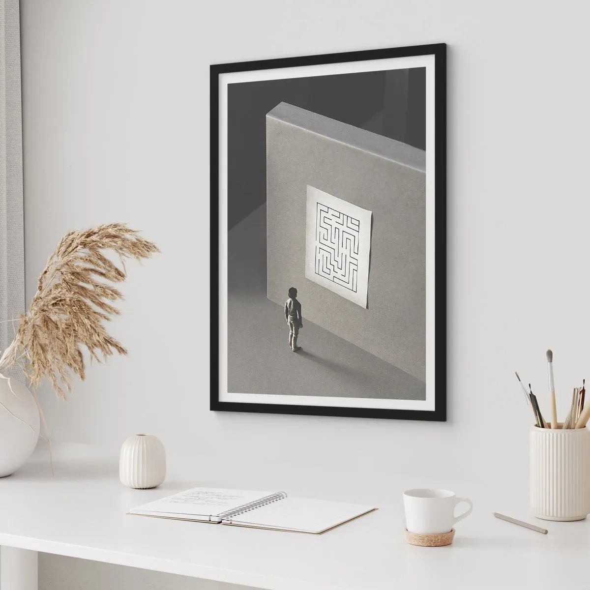 Plakat w czarnej ramie - Postać przed minimalistycznym labiryntem - 50x70cm - Ale gdzie jestem? - Nowoczesna dekoracja ścienna do salonu i sypialni ARTTOR