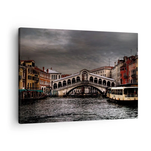 Obraz na płótnie - Most Rialto w Wenecji nad Kanałem Grande, klasyczna architektura. - 70x50cm - Obietnica weneckiego wieczoru - Nowoczesna dekoracja ścienna do salonu i sypialni ARTTOR