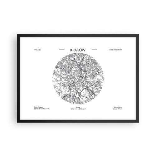 Plakat w czarnej ramie - Mapa Krakowa w minimalistycznym stylu - 70x50cm - Anatomia Krakowa - Nowoczesna dekoracja ścienna do salonu i sypialni ARTTOR