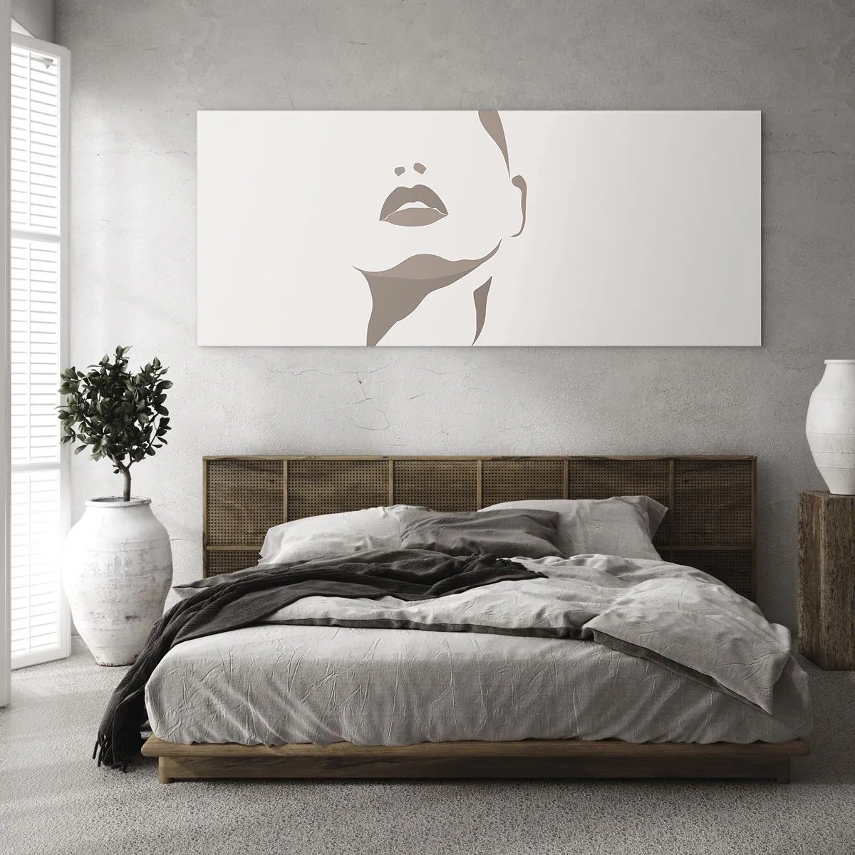 Obraz na szkle - Minimalistyczny kontur kobiecej twarzy w delikatnych beżach - 120x50cm - Stworzona ze światła i cienia - Nowoczesna dekoracja ścienna do salonu i sypialni ARTTOR