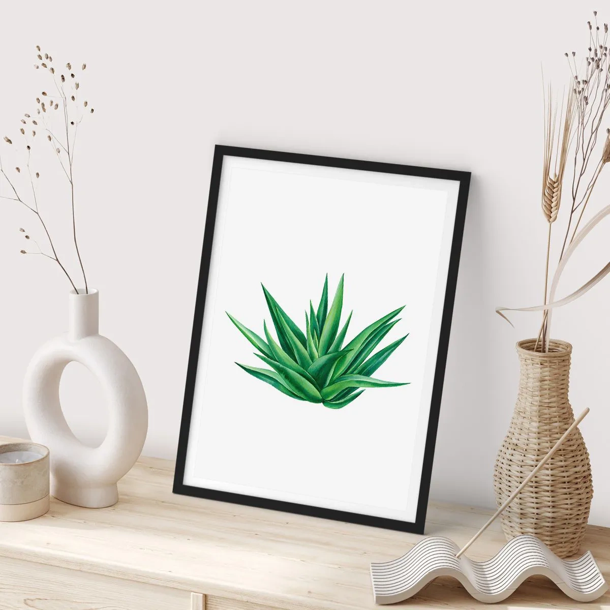 Plakat w czarnej ramie - Minimalistyczna ilustracja zielonej rośliny - 50x70cm - Zieleń – siła – życie - Nowoczesna dekoracja ścienna do salonu i sypialni ARTTOR