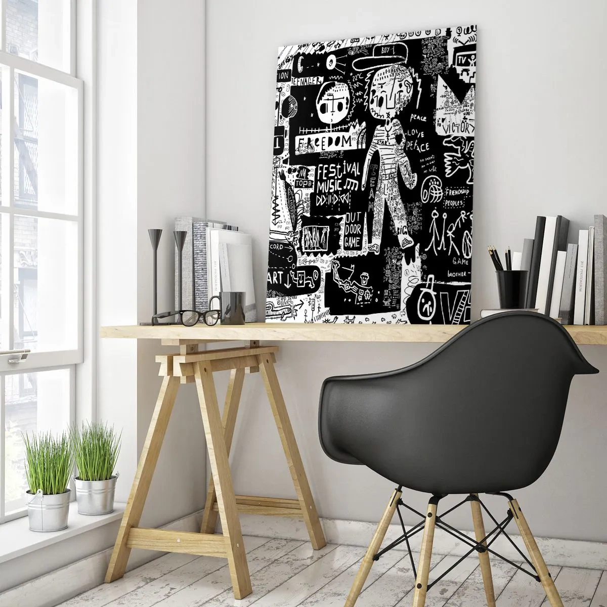 Obraz na szkle - Czarno-biała grafika w stylu street art z postaciami i symbolami - 50x70cm - Duchowej młodości prawa i radości - Nowoczesna dekoracja ścienna do salonu, kuchni i sypialni ARTTOR