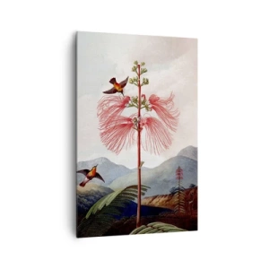 Obraz na płótnie - Ilustracja botaniczna z egzotycznym kwiatem i kolibrami na tle górskiego krajobrazu - 80x120cm - W tropikalnym raju - Nowoczesna dekoracja ścienna do salonu i sypialni ARTTOR