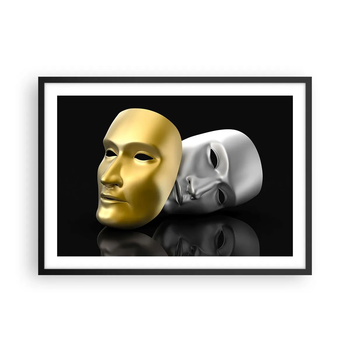 Plakat w czarnej ramie - Złota i srebrna maska na czarnym tle - 70x50cm - Życie to jest teatr - Nowoczesna dekoracja ścienna do salonu i sypialni ARTTOR