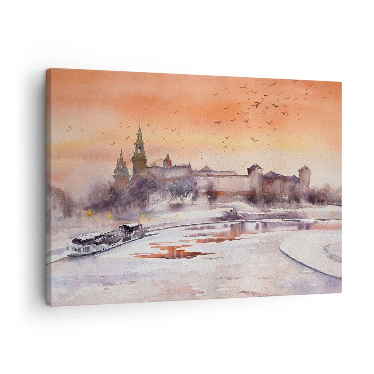 Obraz na płótnie - Zachód słońca nad zamkiem w zimowej scenerii - 70x50cm - Królewski zachód słońca - Nowoczesna dekoracja ścienna do salonu i sypialni ARTTOR