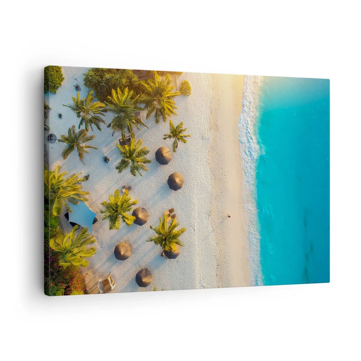 Obraz na płótnie - Widok na tropikalną plażę z palmami i turkusowym morzem - 70x50cm - Witaj w raju - Nowoczesna dekoracja ścienna do salonu i sypialni ARTTOR