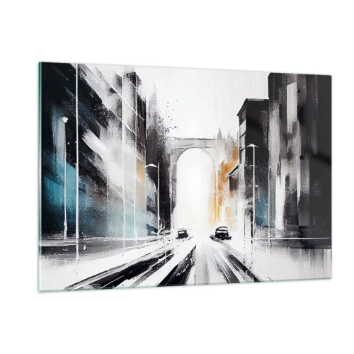 Obraz na szkle - Dynamiczna miejska ulica z samochodami i łukiem w tle w malarskim stylu - 120x80cm - Studium miasta: architektura i ruch - Nowoczesna dekoracja ścienna do salonu, kuchni i sypialni ARTTOR