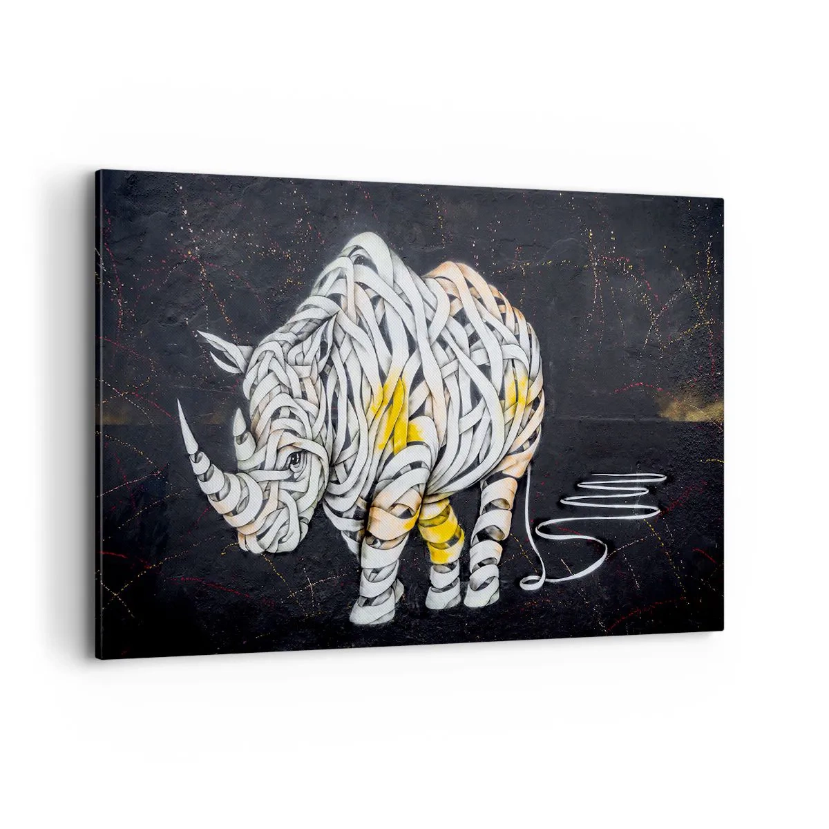 Obraz na płótnie - Rzeźbiony nosorożec z abstrakcyjnych pasów na ciemnym tle - 120x80cm - Gruboskórność to mit - Nowoczesna dekoracja ścienna do salonu, kuchni i sypialni ARTTOR
