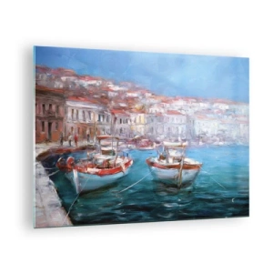 Obraz na szkle - Port rybacki z łodziami w tle włoskich budynków i błękitnego nieba - 70x50cm - Włoska zatoka - Nowoczesna dekoracja ścienna do salonu i sypialni ARTTOR