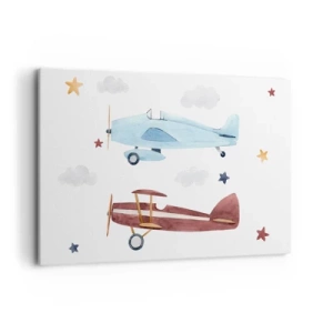 Obraz na płótnie - Ręcznie malowane samoloty na tle chmur i gwiazd - 120x80cm - Panie pilocie, czekamy! - Nowoczesna dekoracja ścienna do salonu, kuchni i sypialni ARTTOR