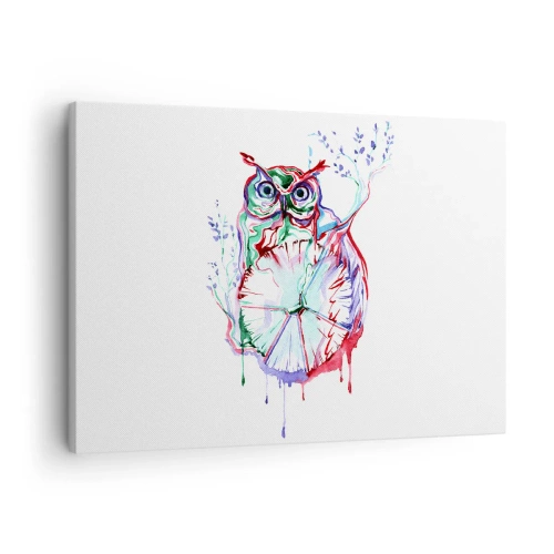 Obraz na płótnie - Kolorowa akwarela sowy w artystycznym stylu - 70x50cm - Mądra z natury - Nowoczesna dekoracja ścienna do salonu i sypialni ARTTOR