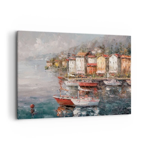 Obraz na płótnie - Nadmorska sceneria z łodziami i kolorowymi domami - 100x70cm - Romantyczna przystań - Nowoczesna dekoracja ścienna do salonu, kuchni i sypialni ARTTOR