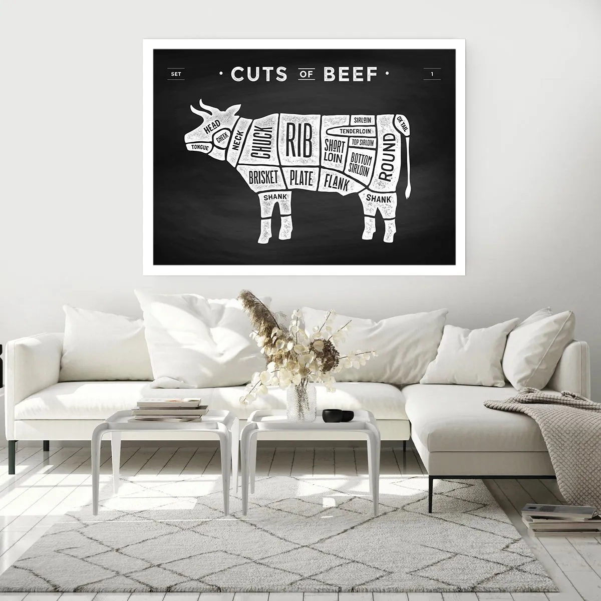 Plakat - Diagram cięć wołowych na czarnym tle - 100x70cm - Elementarz masarza - Nowoczesna dekoracja ścienna do salonu i sypialni ARTTOR