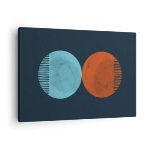 Obraz na płótnie - Minimalistyczne dwa koła w kolorach niebieskim i pomarańczowym - 70x50cm - Tylko geometria? - Nowoczesna dekoracja ścienna do salonu i sypialni ARTTOR