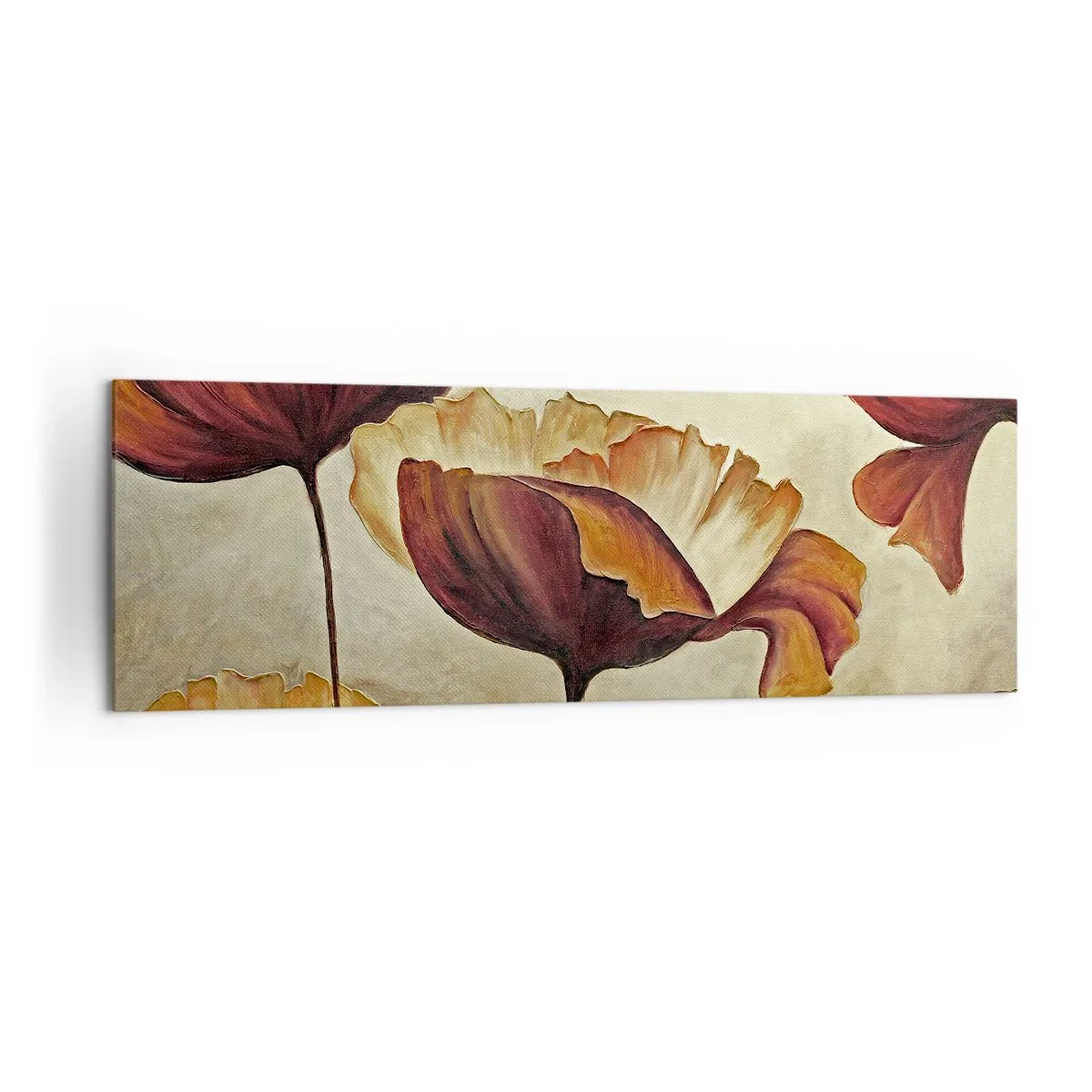 Obraz na płótnie - Subtelne kwiaty w odcieniach czerwieni i złota na jasnym tle - 160x50cm - Łąki łan - Nowoczesna dekoracja ścienna do salonu i sypialni ARTTOR