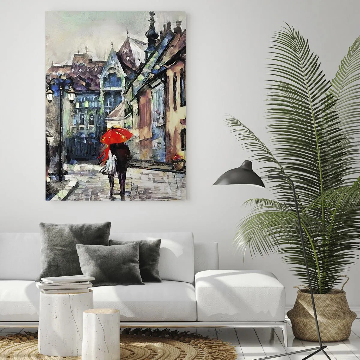 Obraz na szkle - Para pod czerwonym parasolem spacerująca po malowniczej uliczce - 50x70cm - Deszcz dla dwojga - Nowoczesna dekoracja ścienna do salonu, kuchni i sypialni ARTTOR