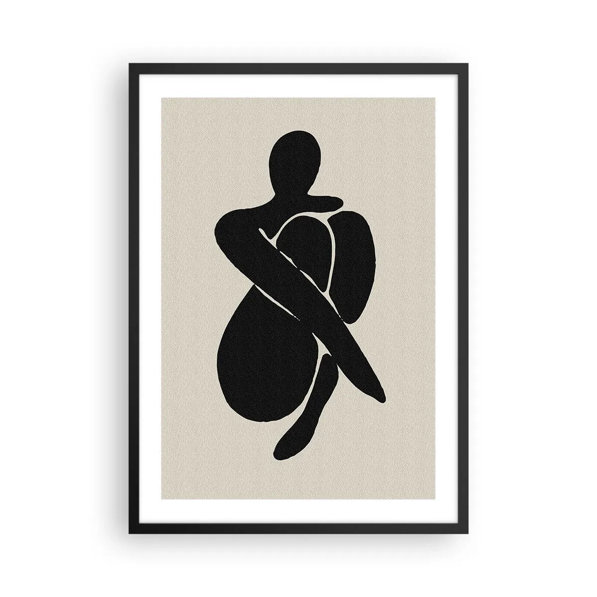 Plakat w czarnej ramie - Abstrakcyjna figura w pozie z ramionami obejmującymi ciało, czarno-biała ilustracja - 50x70cm - We własnych objęciach - Nowoczesna dekoracja ścienna do salonu i sypialni ARTTOR