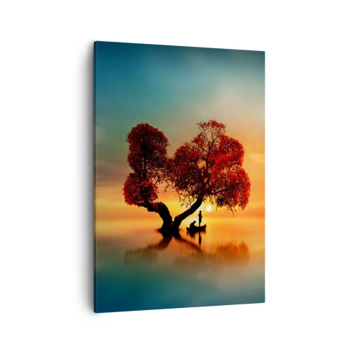 Obraz na płótnie - Samotne drzewo o czerwonych liściach na wodzie o zachodzie słońca - 50x70cm - Oddaleńcy i ciszyzna bezświata - Nowoczesna dekoracja ścienna do salonu, kuchni i sypialni ARTTOR