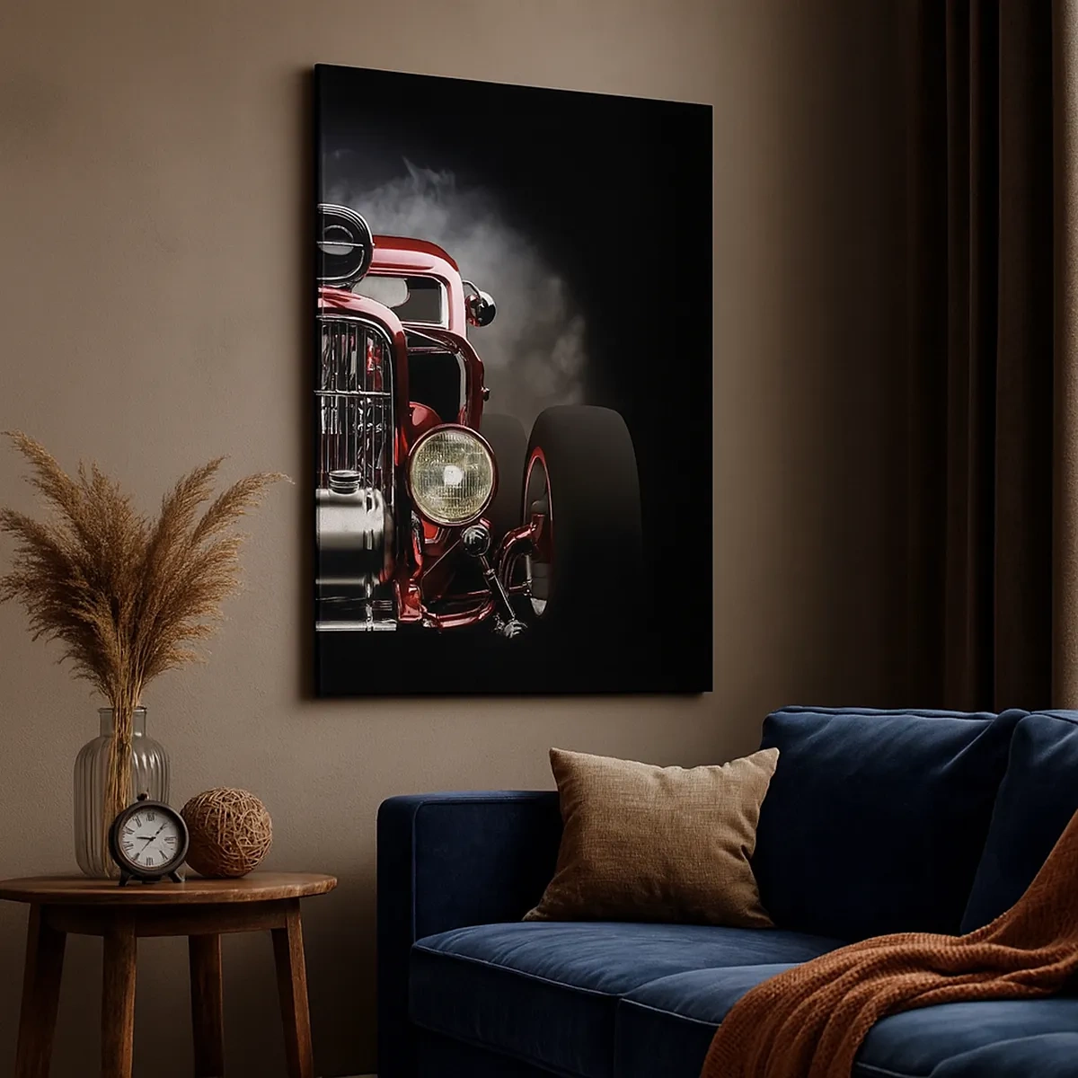 Obraz na płótnie - Czerwony klasyczny samochód na ciemnym tle - 50x70cm - Szybki i wściekle piękny - Nowoczesna dekoracja ścienna do salonu, kuchni i sypialni ARTTOR