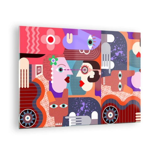 Obraz na szkle - Abstrakcyjna kompozycja twarzy i kształtów w intensywnych barwach - 70x50cm - Oko w oko - Nowoczesna dekoracja ścienna do salonu i sypialni ARTTOR