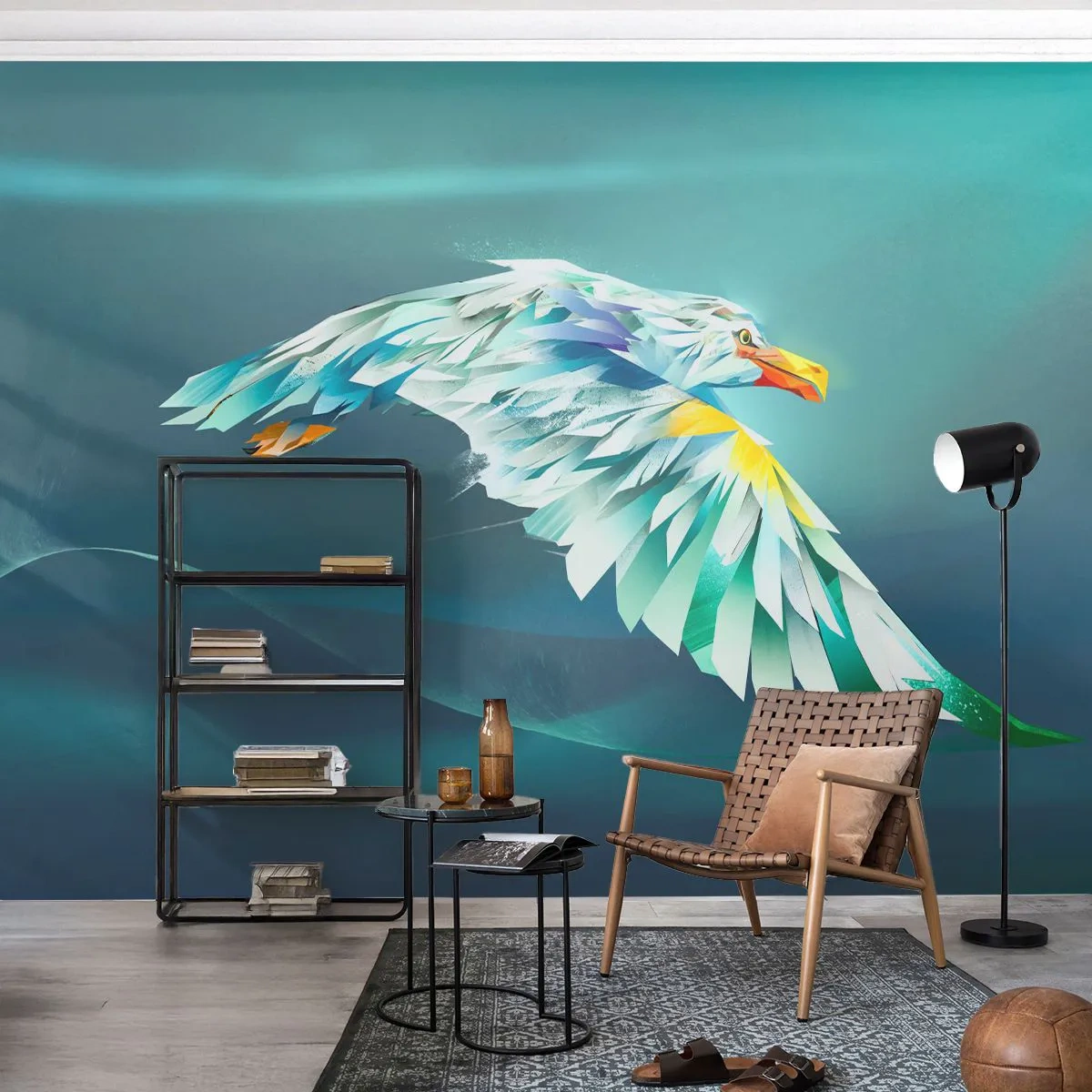 Fototapeta Premium Sand - Abstrakcyjny orzeł w locie na turkusowym tle - 100x70cm - Orla twych lotów potęga - Nowoczesna dekoracja ścienna do salonu, kuchni i sypialni ARTTOR