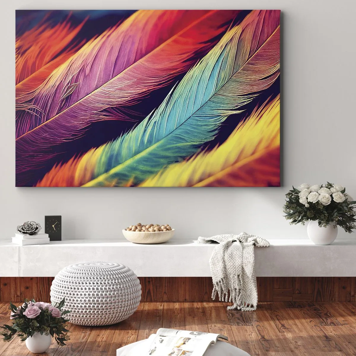 Obraz na płótnie - Kolorowe pióra w intensywnych barwach - 70x50cm - Pierzasta tęcza - Nowoczesna dekoracja ścienna do salonu i sypialni ARTTOR