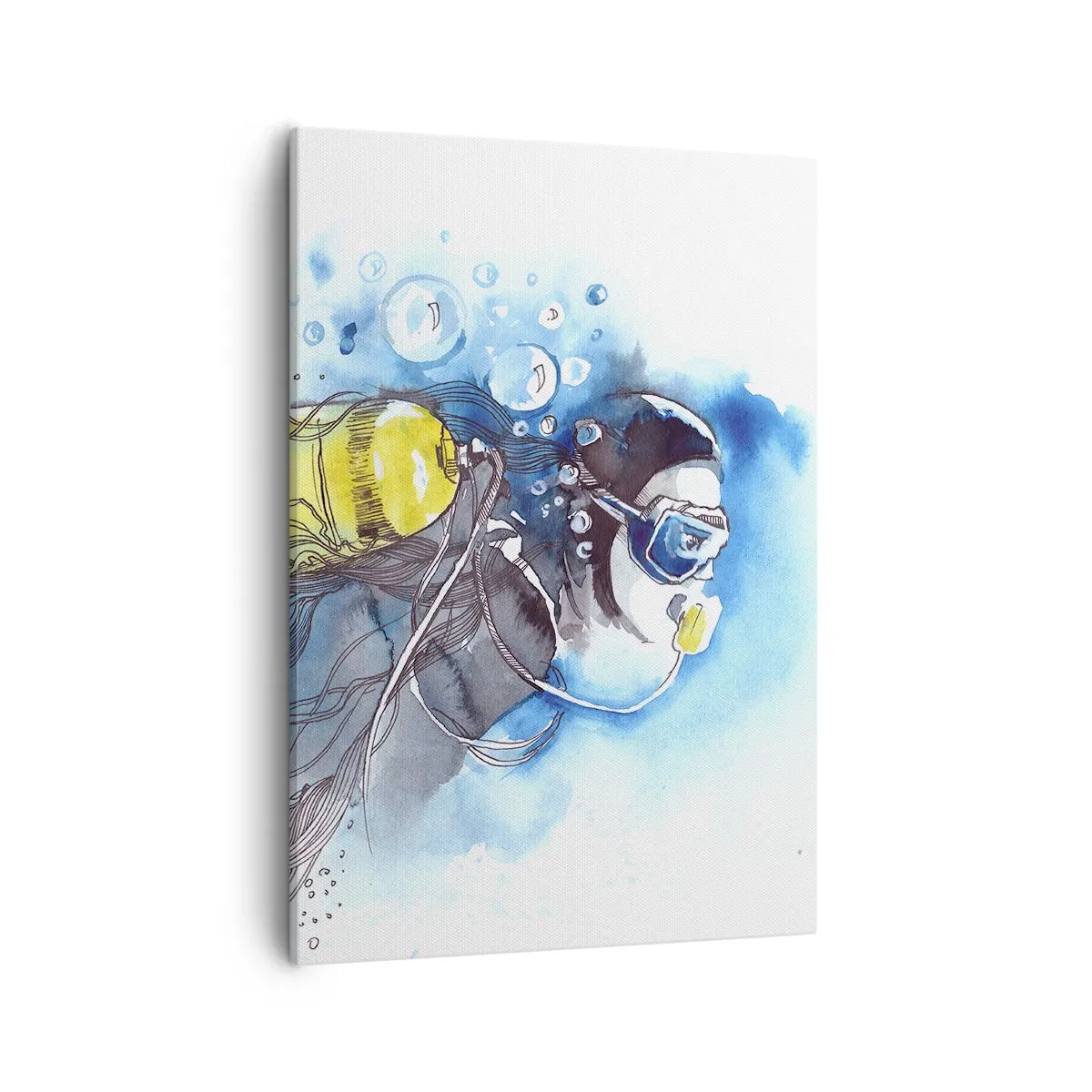Obraz na płótnie - Nurkowanie w oceanie z widocznymi bąbelkami i akwalungiem - 50x70cm - Wielki błękit - Nowoczesna dekoracja ścienna do salonu, kuchni i sypialni ARTTOR