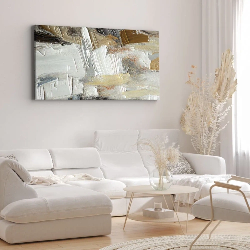 Obraz na płótnie - Teksturalna abstrakcja w odcieniach ziemi i bieli - 140x50cm - Barwne nawarstwienia - Nowoczesna dekoracja ścienna do salonu i sypialni ARTTOR