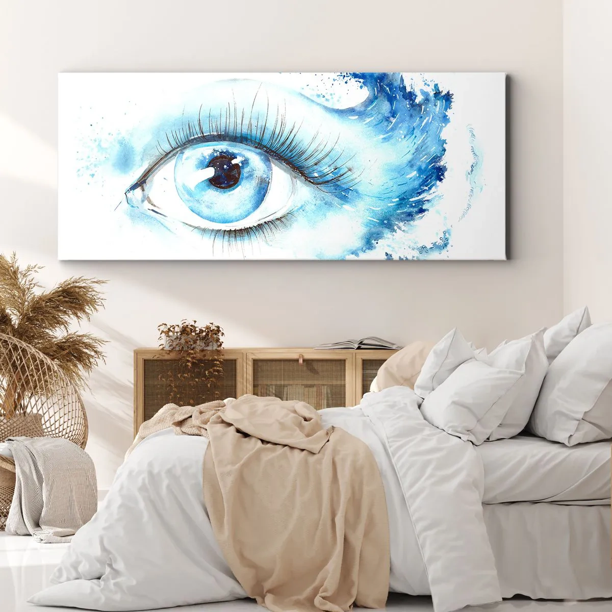 Obraz na płótnie - Artystyczna akwarela oka z dynamiczną falą - 160x50cm - Zanurzyć się w błękicie spojrzenia - Nowoczesna dekoracja ścienna do salonu i sypialni ARTTOR