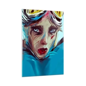 Obraz na szkle - Portret kobiety w dynamicznych kolorach i abstrakcyjnym stylu - 80x120cm - Wojowniczka szos - Nowoczesna dekoracja ścienna do salonu i sypialni ARTTOR