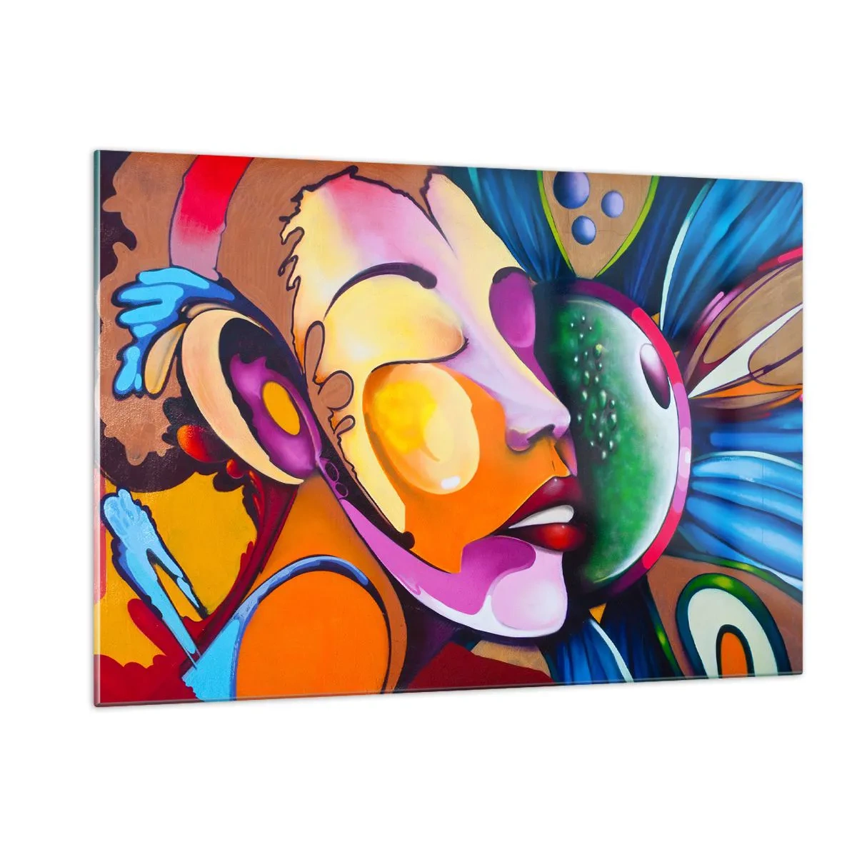 Obraz na szkle - Kolorowa abstrakcja twarzy w stylu street art - 120x80cm - Dotknąć kolorem - Nowoczesna dekoracja ścienna do salonu, kuchni i sypialni ARTTOR