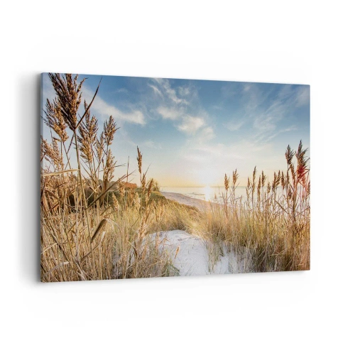 Obraz na płótnie - Malownicza plaża z trawami i zachodzącym słońcem - 100x70cm - Północna plaża - Nowoczesna dekoracja ścienna do salonu, kuchni i sypialni ARTTOR