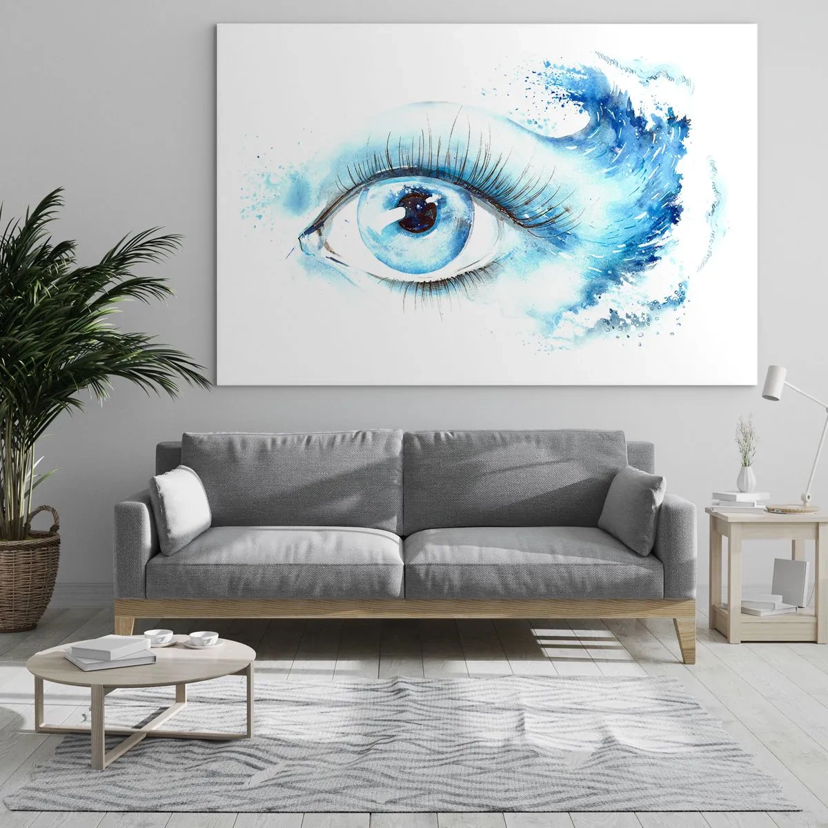 Obraz na szkle - Niebieskie oko w artystycznej akwareli - 70x50cm - Zanurzyć się w błękicie spojrzenia - Nowoczesna dekoracja ścienna do salonu i sypialni ARTTOR