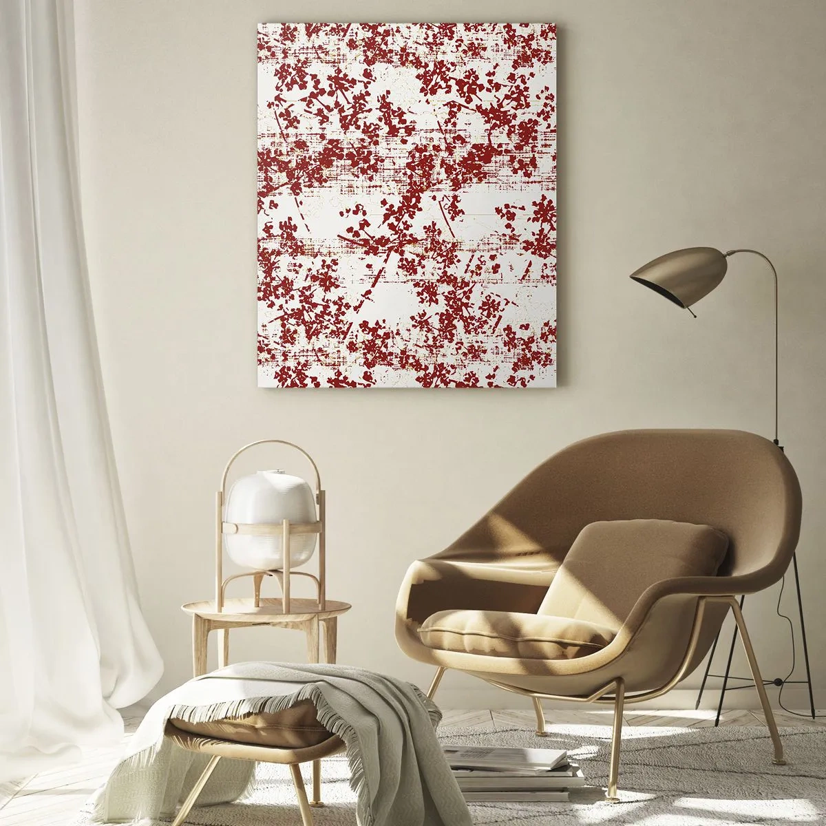 Obraz na szkle - Kwiatowy wzór w czerwieni na jasnym, przecieranym tle - 50x70cm - Jak dawny perkalik - Nowoczesna dekoracja ścienna do salonu, kuchni i sypialni ARTTOR