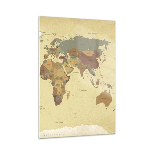 Obraz na szkle - Mapa świata w odcieniach beżu i brązu na tle w stylu vintage - 50x70cm - Dla ciebie - cały świat - Nowoczesna dekoracja ścienna do salonu, kuchni i sypialni ARTTOR