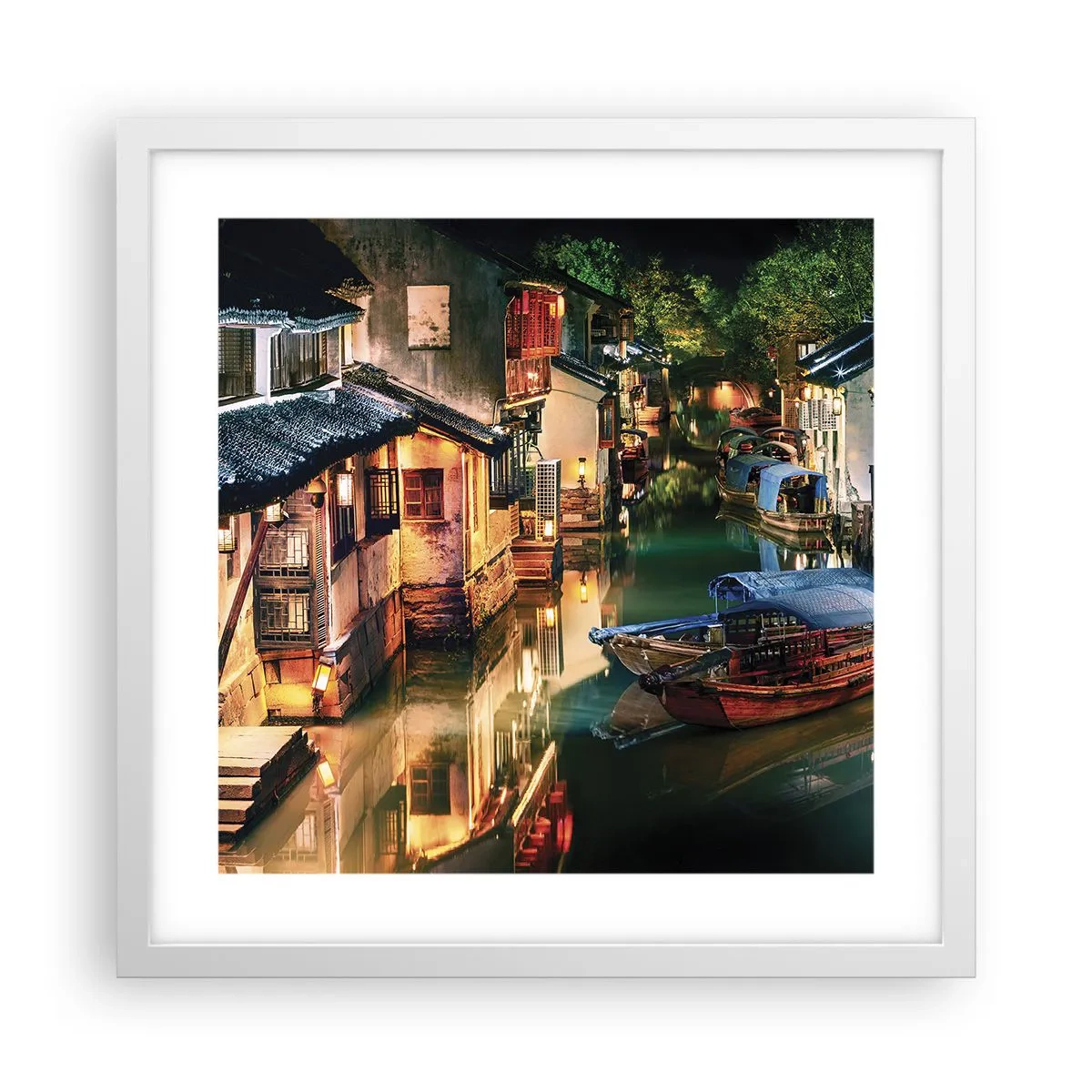 Plakat w białej ramie - Wieczór na chińskiej ulicy - 40x40 cm