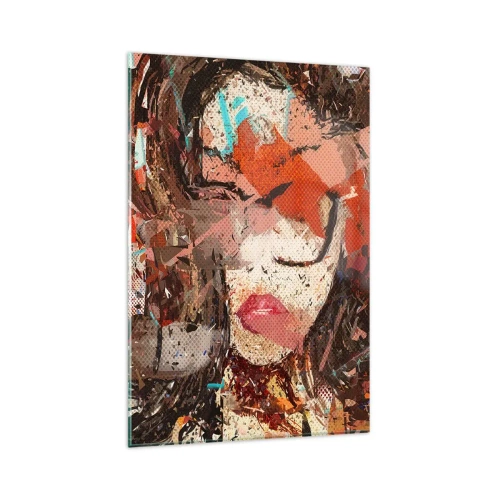 Obraz na szkle - Abstrakcyjny portret kobiety w intensywnych barwach - 80x120cm - Naprawdę, jaka jesteś, nie wie nikt - Nowoczesna dekoracja ścienna do salonu i sypialni ARTTOR