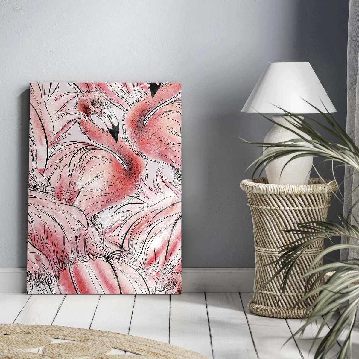 Obraz na płótnie - Różowe flamingi w artystycznej, szkicowej kompozycji - 50x70cm - Ptasi corps de ballet - Nowoczesna dekoracja ścienna do salonu, kuchni i sypialni ARTTOR