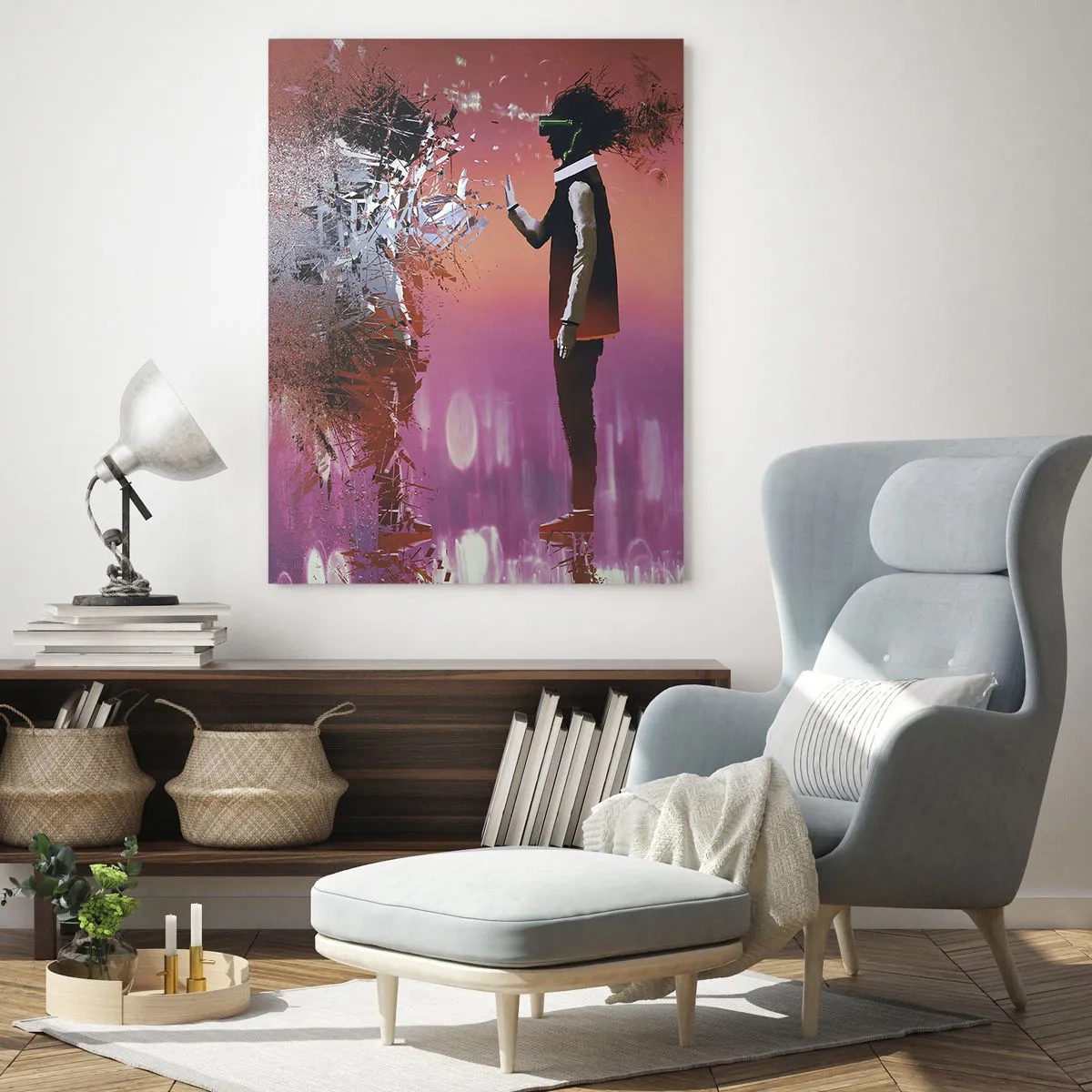 Obraz na szkle - Postać w wirtualnej rzeczywistości z rozpraszającym się cieniem - 50x70cm - Czy można wejrzeć w siebie? - Nowoczesna dekoracja ścienna do salonu, kuchni i sypialni ARTTOR