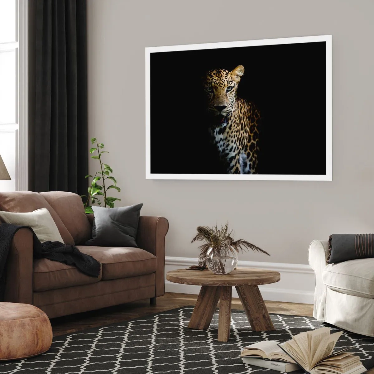 Plakat - Leopard na ciemnym tle z intensywnym spojrzeniem - 100x70cm - Mroczne piękno - Nowoczesna dekoracja ścienna do salonu i sypialni ARTTOR
