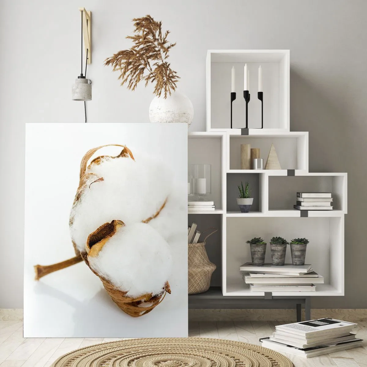 Obraz na szkle - Pojedynczy puchaty kwiat bawełny na białym tle - 50x70cm - Miękka z natury - Nowoczesna dekoracja ścienna do salonu, kuchni i sypialni ARTTOR