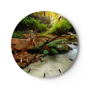 Zegar ścienny - Jeleń w leśnym krajobrazie przy strumieniu - 30x30cm - Witam w moim świecie - Nowoczesna dekoracja ścienna do salonu, kuchni i sypialni ARTTOR