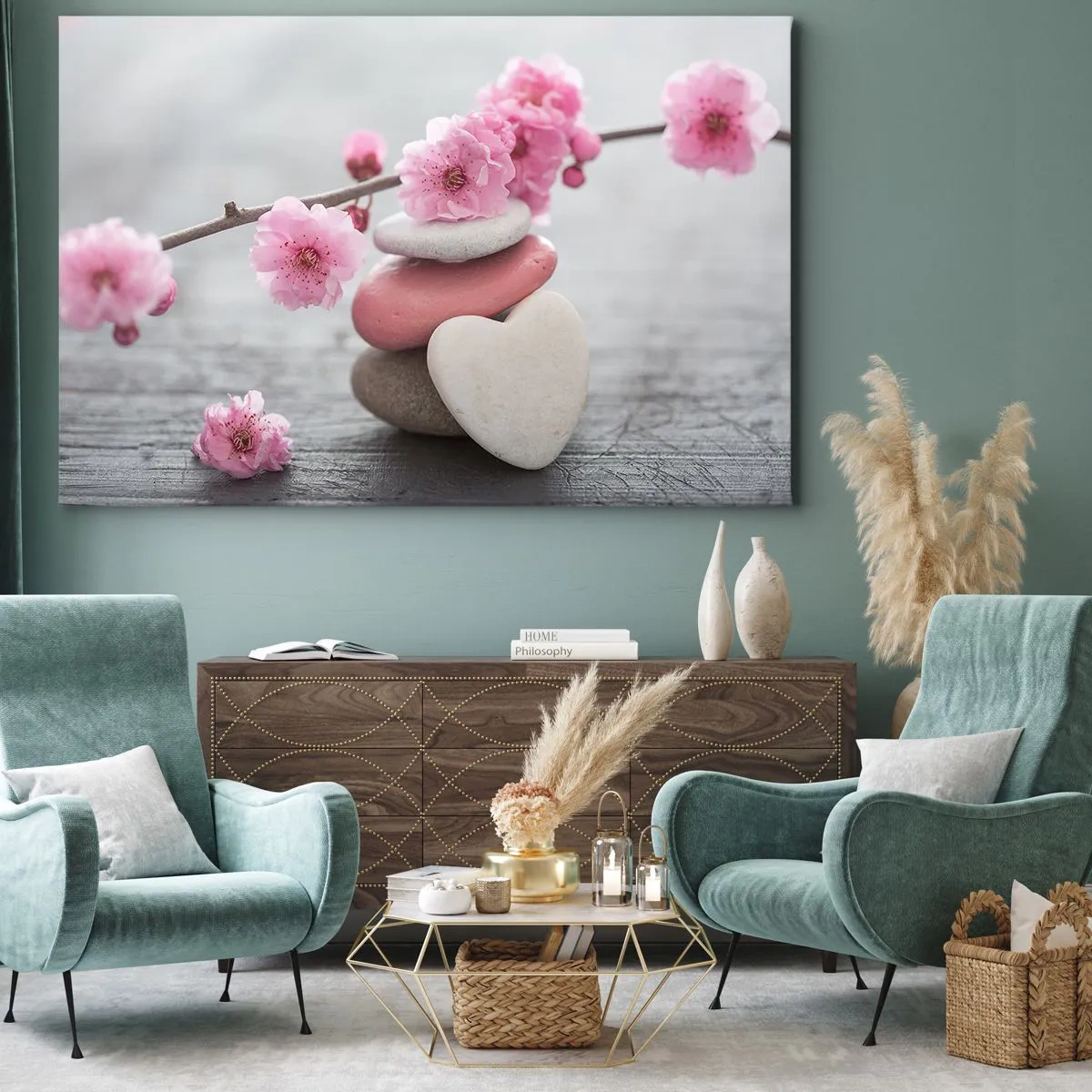 Obraz na płótnie - Delikatne kwiaty wiśni z kamieniami w kształcie serca - 70x50cm - Błogość z kwiatem wiśni - Nowoczesna dekoracja ścienna do salonu i sypialni ARTTOR