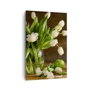 Obraz na płótnie - Bukiet białych tulipanów w szklanym wazonie z zielonymi jabłkami - 80x120cm - Soczyste i świeże w zieleni i bieli - Nowoczesna dekoracja ścienna do salonu i sypialni ARTTOR