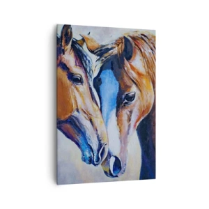 Obraz na płótnie - Malarskie przedstawienie dwóch koni w przyjacielskiej scenerii - 70x100cm - Czy to jest przyjaźń? czy to jest kochanie? - Nowoczesna dekoracja ścienna do salonu i sypialni ARTTOR