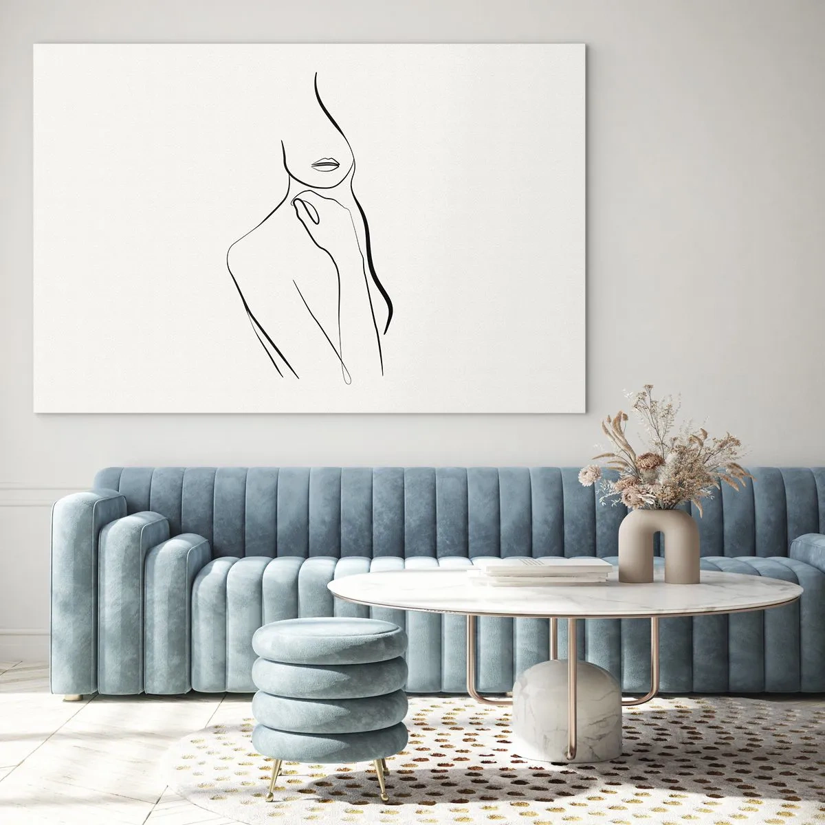 Obraz na szkle - Minimalistyczna linia ukazująca kobiecą sylwetkę na jasnym tle - 70x50cm - Fala melancholii - Nowoczesna dekoracja ścienna do salonu i sypialni ARTTOR